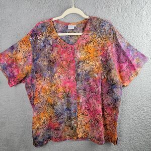Del Sole Blouse Top Womens XXL Colorful Button-up Short Sleeve Boxy Floral Scoop